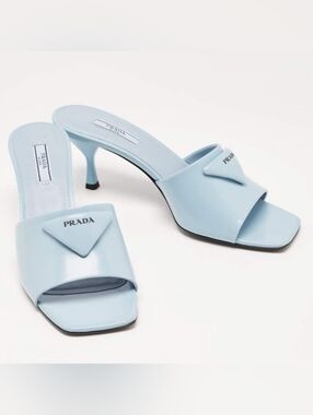 PRADA Burnished Leather Heeled Slide Sandals In Celeste EU 37.5 US 7.5 Org $1295